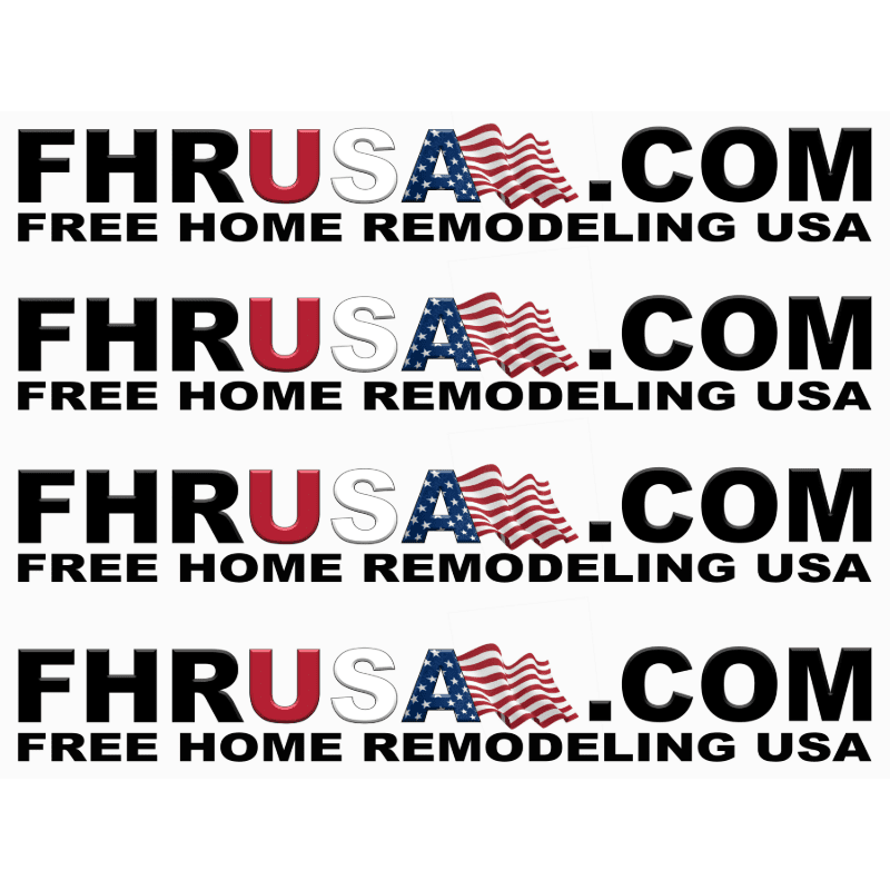 Four identical lines of text, each reading "FHRUSA.COM FREE HOME REMODELING USA" with the "USA" part of the domain replaced by an American flag, are displayed against a white background.