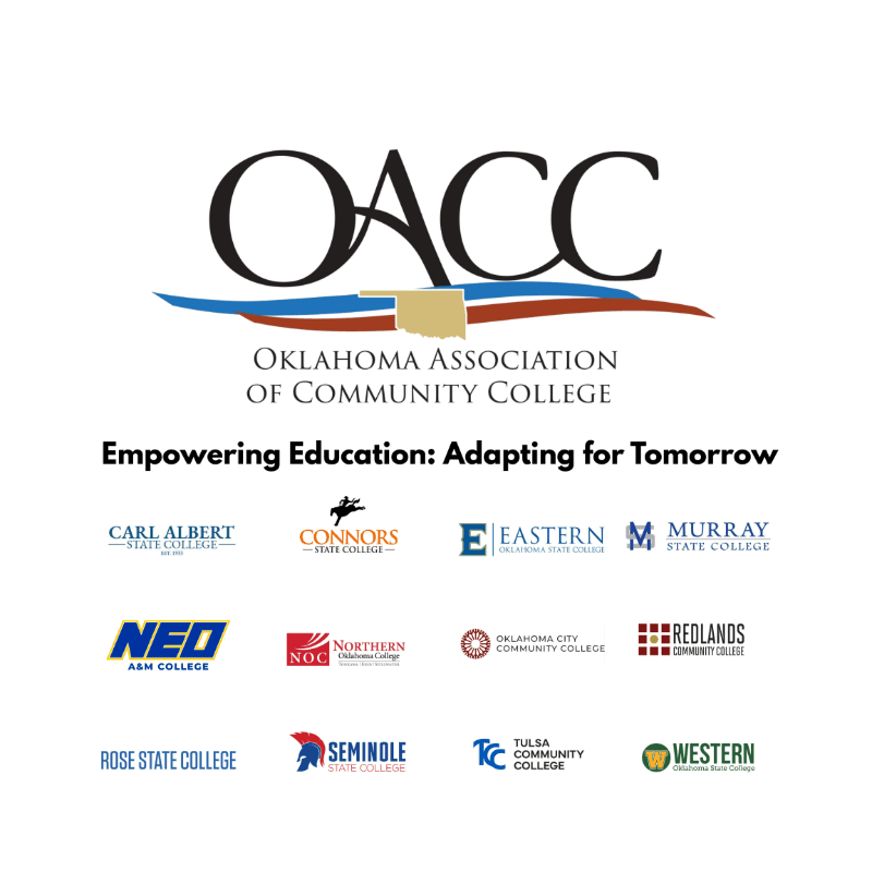 The foreground displays the OACC logo and tagline, while the background features the logos of various Oklahoma community colleges.
