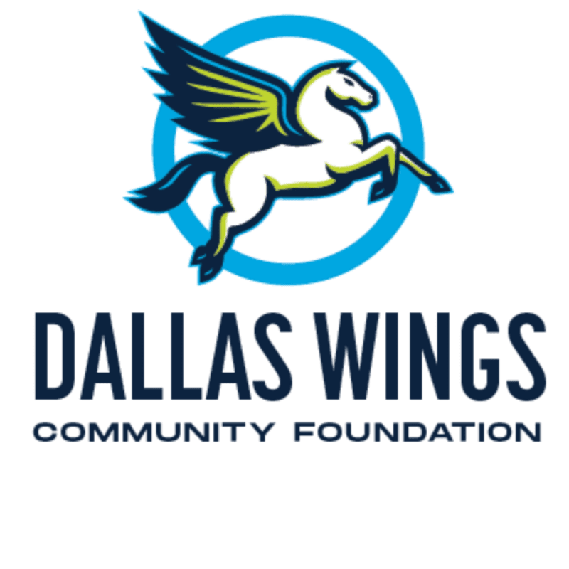 A white winged horse with blue and green wings is depicted in the foreground, set against a white background with a blue circle behind the horse and the words "DALLAS WINGS COMMUNITY FOUNDATION" below.