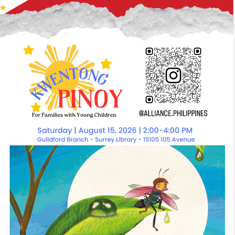 A colorful event poster for "Kwentong Pinoy" features a cartoon insect on a leaf in the foreground and event details with a QR code in the background.