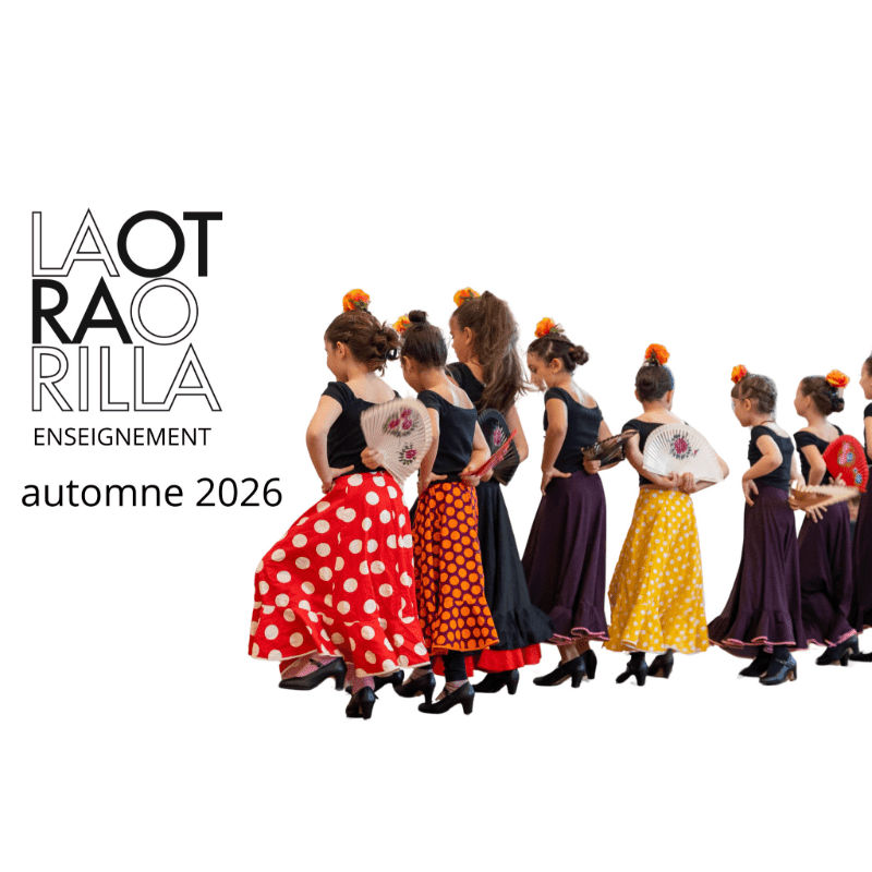 A line of young girls in colorful flamenco dresses and holding fans are posed against a white background with text on the left.