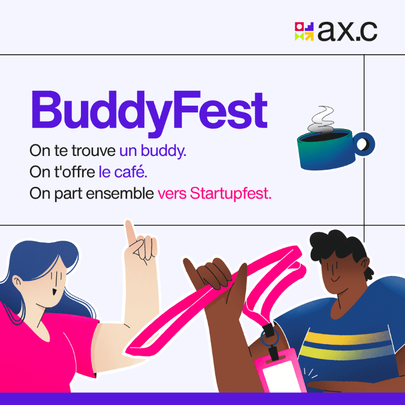 Two people are shown in the foreground holding a pink lanyard, with the "BuddyFest" event title and coffee cup graphic in the background.