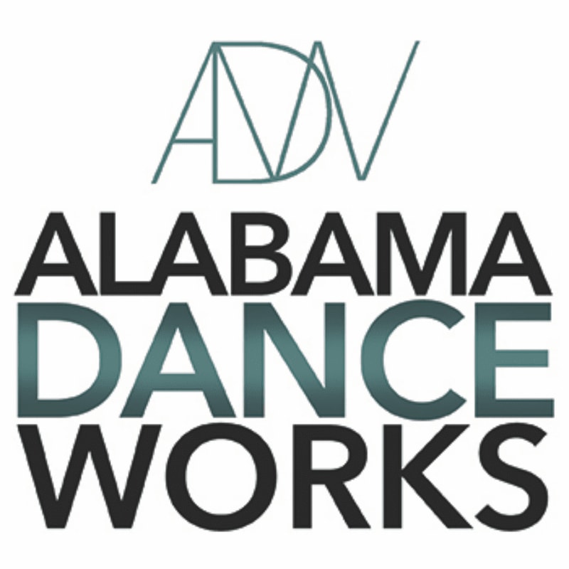 A stylized "ADV" logo sits above the words "ALABAMA DANCE WORKS" in large, bold lettering against a white background.