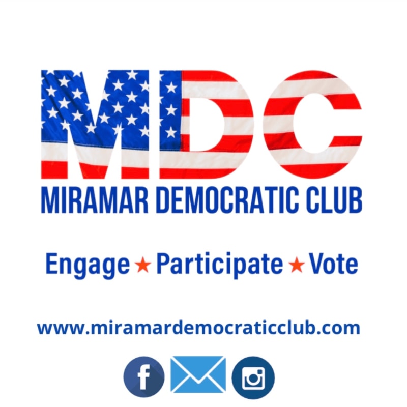The foreground displays the "MDC MIRAMAR DEMOCRATIC CLUB" logo with American flag elements and calls to action, while the background is a plain white space.