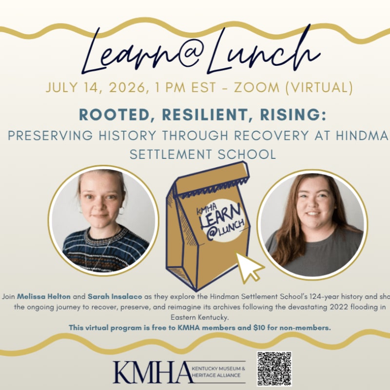 Two women are featured in circular portraits flanking a drawing of a lunch bag, all set against a light background with wavy gold lines at the top and bottom.