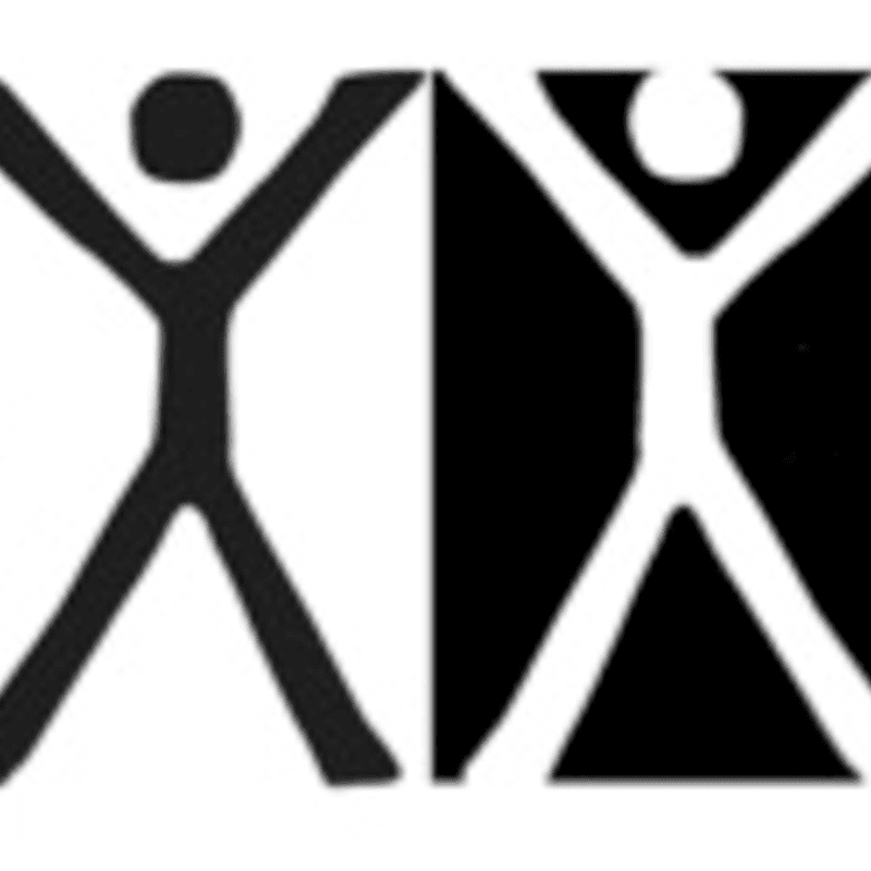 Two stylized figures, one black and one white, are silhouetted against a stark black and white background.