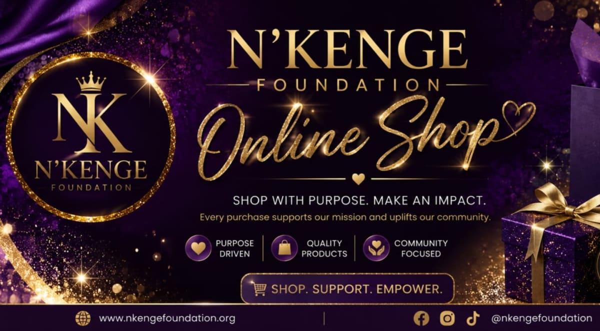 A luxurious purple banner advertises the N'Kenge Foundation's online shop, featuring a prominent logo, sparkling accents, and gift boxes in the foreground, set against a backdrop of shimmering fabric and bokeh lights.