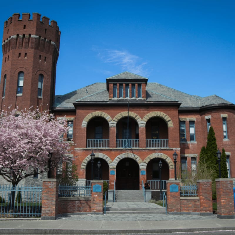 A red brick building with a tower and arched entrance stands before a clear blue sky, with a blooming cherry tree in the foreground.