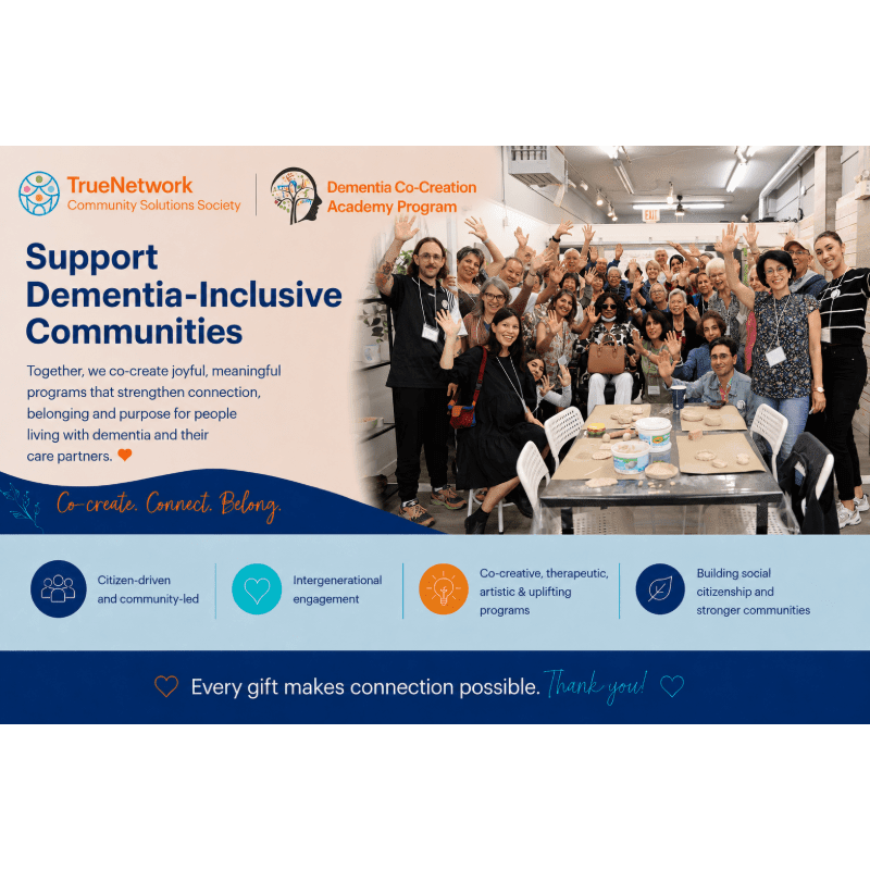 A group of smiling people are gathered in a bright room with tables and chairs, while the foreground displays text and icons promoting dementia-inclusive communities.