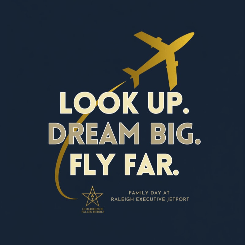 A golden airplane soars across a dark blue background, leaving a trail that curves around the words "LOOK UP. DREAM BIG. FLY FAR." and event details.