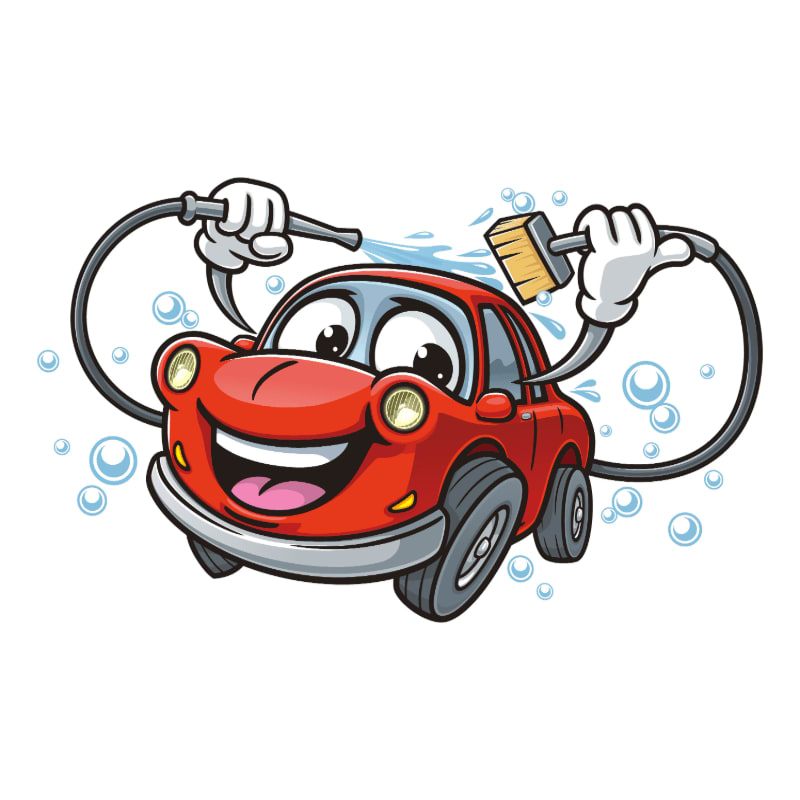 A cheerful red cartoon car with a hose spraying water on its roof and a brush in its other hand is surrounded by bubbles.