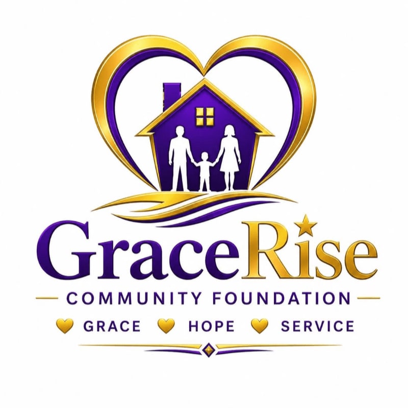 A purple house with a silhouetted family stands within a golden heart, above the text "GraceRise COMMUNITY FOUNDATION" and the words "GRACE HOPE SERVICE" with golden hearts.