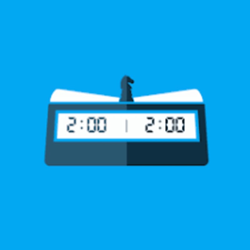 A chess clock displaying 2:00 on both sides is centered against a bright blue background, with a black chess piece silhouetted on top.