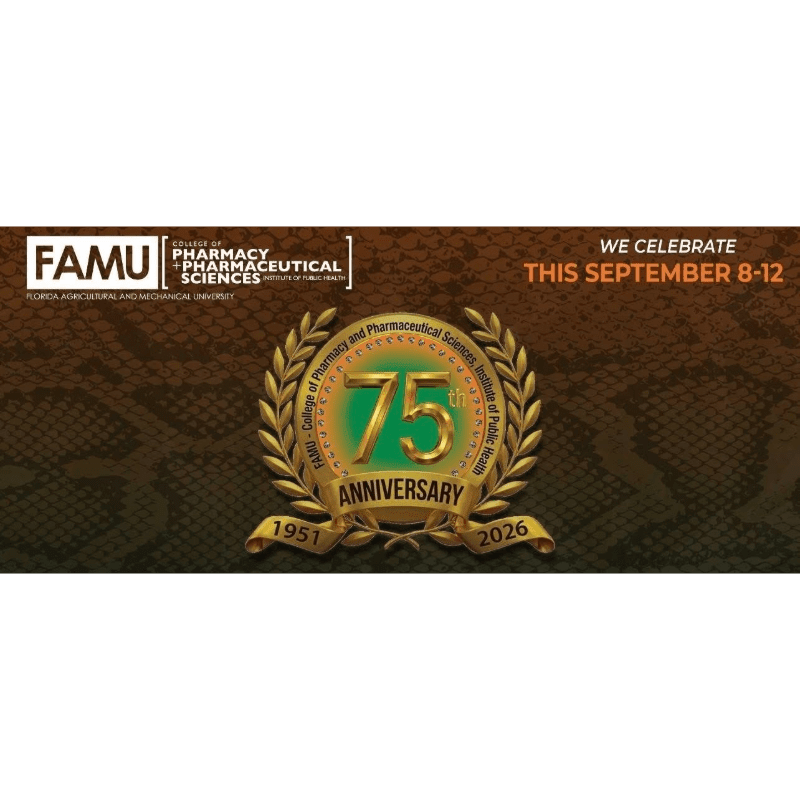 A golden wreath with "75 ANNIVERSARY" in the center is superimposed on a dark, textured background with the FAMU logo and event details in the upper corners.