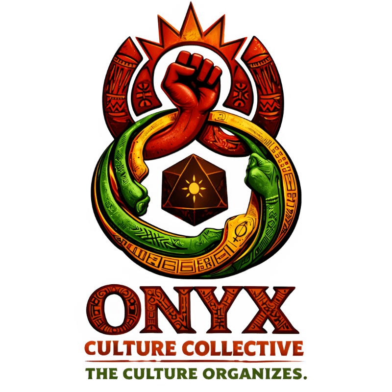 A raised fist in red and orange is encircled by a green and yellow infinity symbol with African-inspired patterns, all set against a white background with the words "ONYX CULTURE COLLECTIVE THE CULTURE ORGANIZES." below.