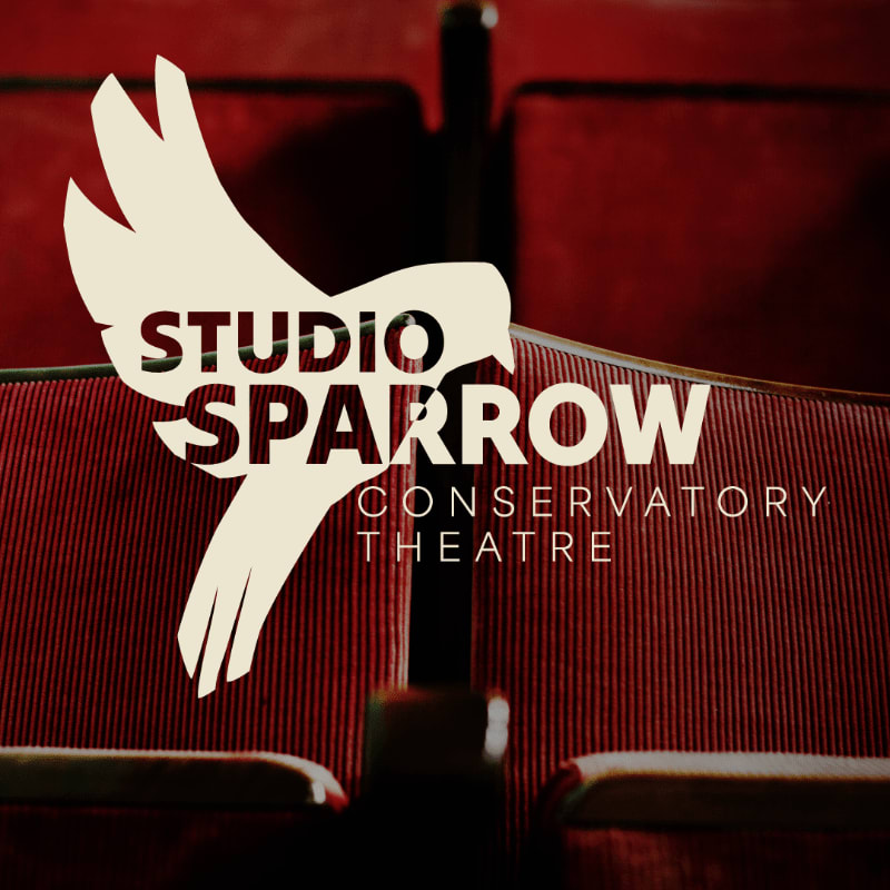A stylized white bird with the words "STUDIO SPARROW CONSERVATORY THEATRE" superimposed on it flies in front of blurred red theater seats.