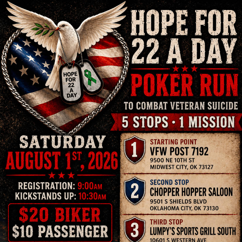 A white dove with dog tags rests on an American flag heart in the foreground, while the background advertises a "Hope for 22 a Day Poker Run" to combat veteran suicide.