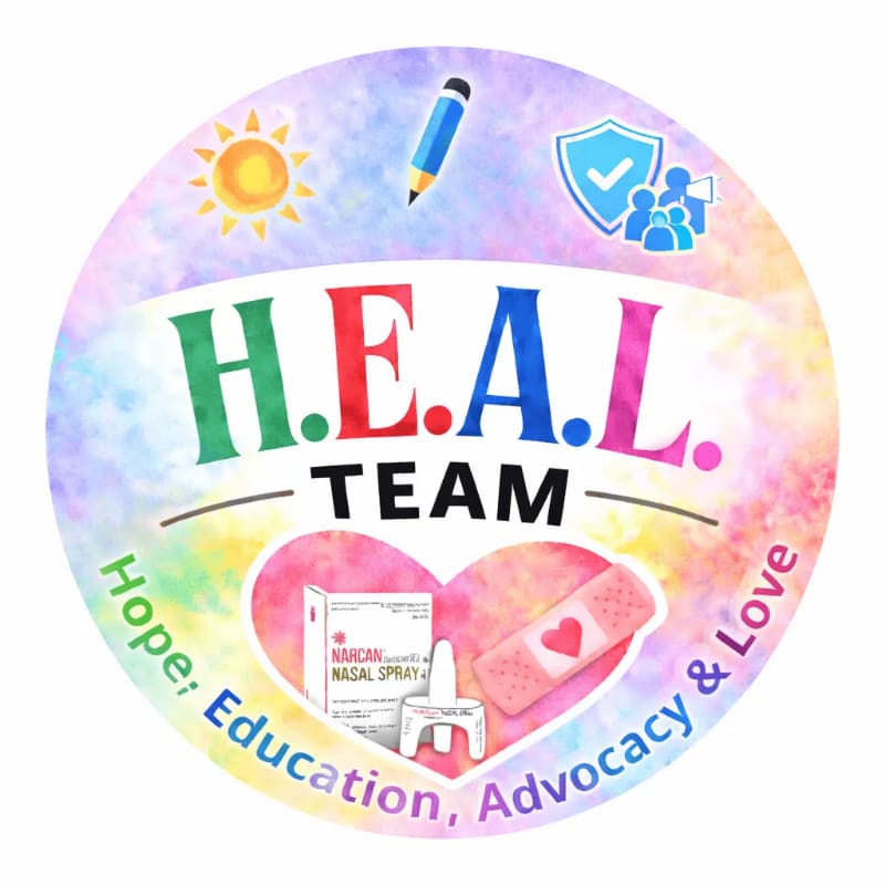 A Narcan nasal spray and a bandage with a heart are in the foreground, set against a colorful, watercolor-like background with a sun, pencil, shield, and people.