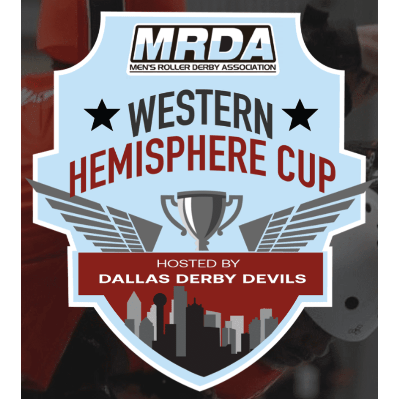 A shield-shaped logo for the MRDA Western Hemisphere Cup, hosted by Dallas Derby Devils, is superimposed over a blurred background of roller derby players.
