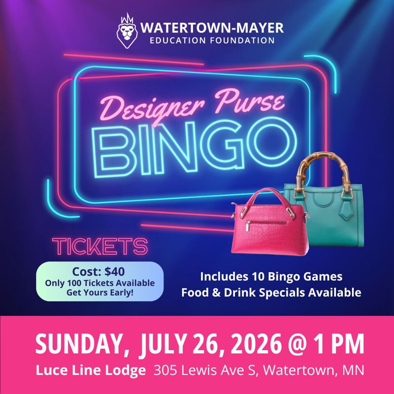 Two designer purses are displayed in the foreground against a dark blue background with neon pink and blue lights outlining the words "Designer Purse BINGO" and event details.