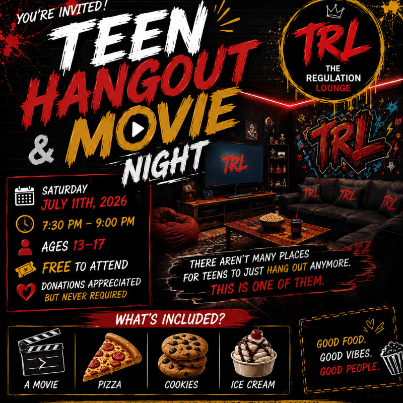 A flyer advertises a free teen hangout and movie night with food and drinks, set in a lounge with a large TV and comfortable seating.