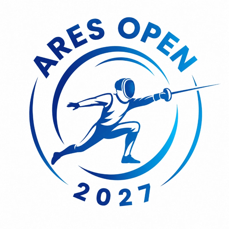 A fencer in mid-lunge is silhouetted against a circular logo with the text "ARES OPEN 2021" in blue.