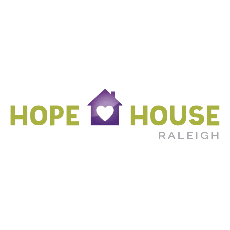 Green text spelling "HOPE HOUSE" flanks a purple house icon with a white heart inside, all set against a white background with "RALEIGH" in smaller gray text below.