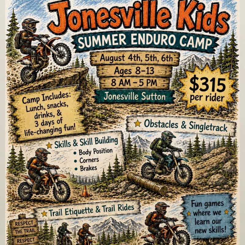 In the foreground, children on dirt bikes navigate rocky terrain and trails, while the background features a poster advertising the Jonesville Kids Summer Enduro Camp with details about dates, age groups, and costs.