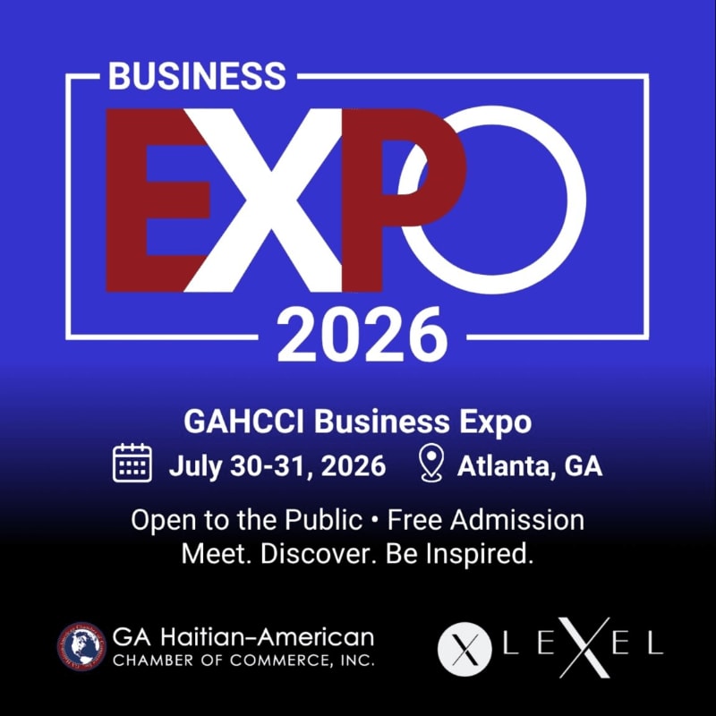 A blue background frames the foreground text announcing the GAHCCI Business Expo in Atlanta, GA on July 30-31, 2026, with the words "BUSINESS EXPO 2026" prominently displayed.
