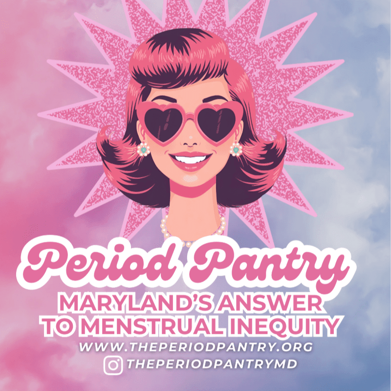 A retro-style woman with pink hair and heart-shaped sunglasses smiles in the foreground, set against a pink and blue starburst background with text promoting "Period Pantry."