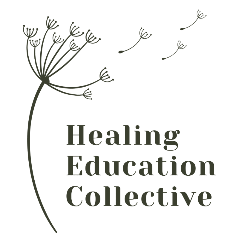 A dandelion with seeds blowing in the wind is positioned above the text "Healing Education Collective" on a white background.