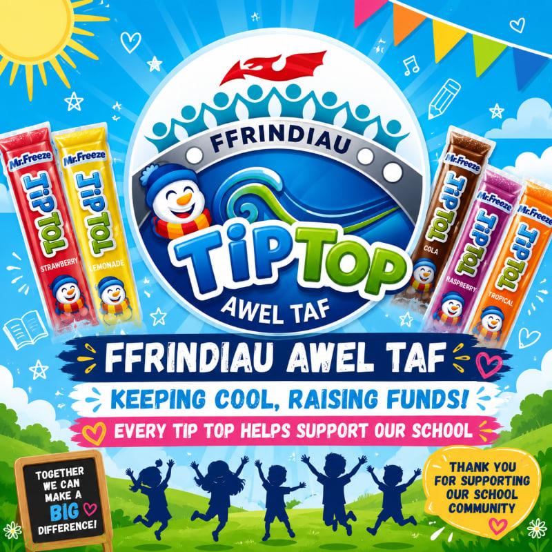 In the foreground, silhouetted children jump with joy in front of a blackboard and a thank you sign, while in the background, colorful ice pops surround a "Tip Top" logo under a bright sun and festive bunting.