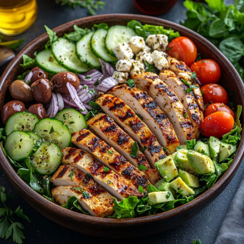 A grilled chicken salad with cucumbers, tomatoes, olives, feta cheese, and avocado is presented in a wooden bowl, with a blurred background of herbs and oil.