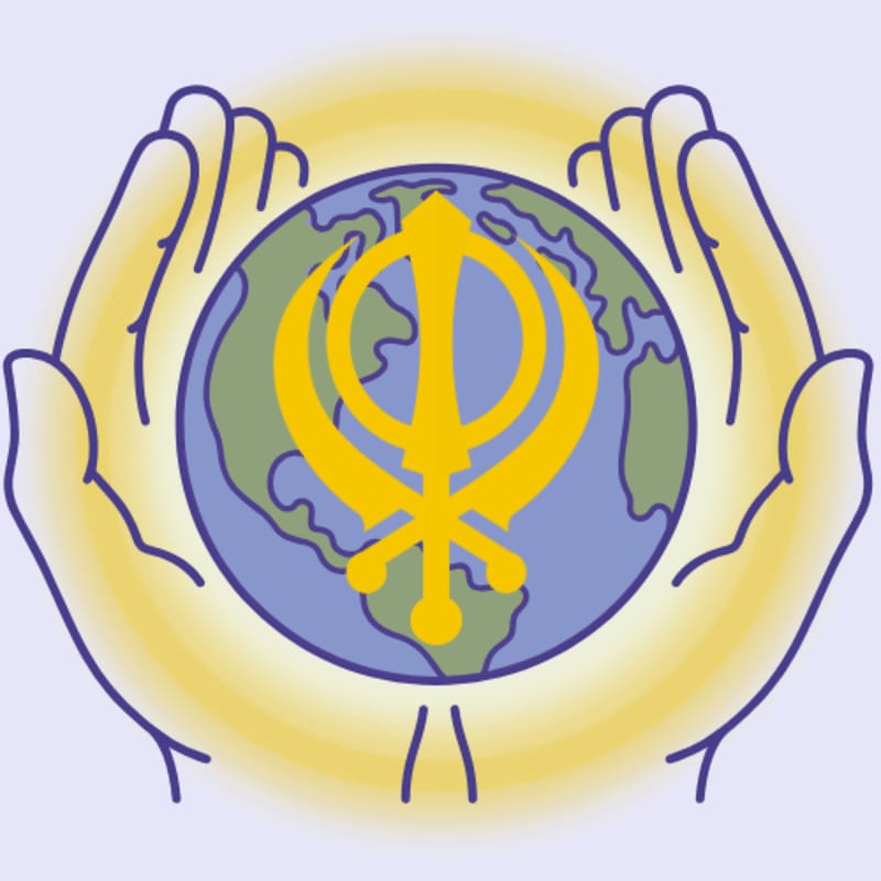 Two cupped hands cradle a globe with a Sikh Khanda symbol, all bathed in a soft yellow glow against a pale purple background.
