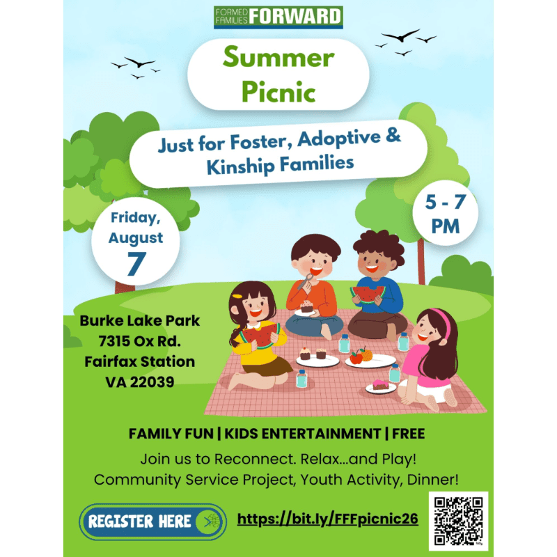 A vibrant flyer advertises a "Summer Picnic" for foster, adoptive, and kinship families at Burke Lake Park, featuring cartoon children enjoying a picnic on a blanket in the foreground against a backdrop of trees and birds.