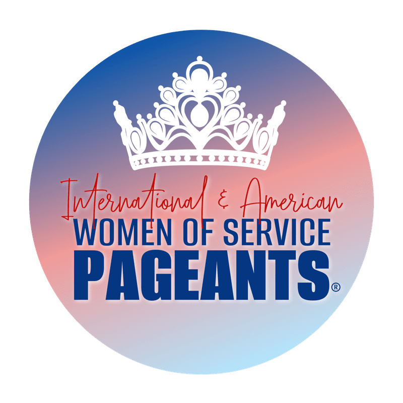 A white crown sits above red and blue text reading "International & American WOMEN OF SERVICE PAGEANTS" on a circular background that fades from blue at the top to pink at the bottom.