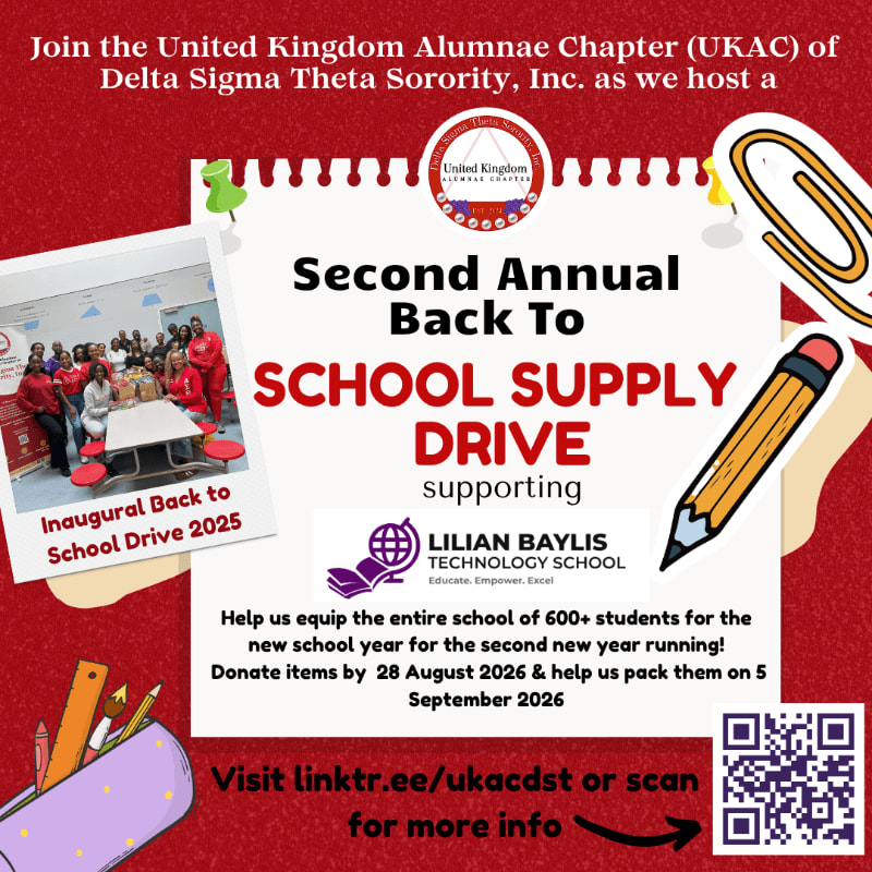 A red background with school supplies like a pencil, paperclip, and pencil case frames a flyer announcing the United Kingdom Alumnae Chapter's Second Annual Back to School Supply Drive supporting Lilian Baylis Technology School, with a photo of a previous event in the foreground.