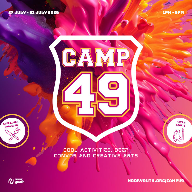 A vibrant splash of purple, pink, and orange paint explodes behind a white shield logo for "CAMP 49," with event details and icons for food and arts on either side.