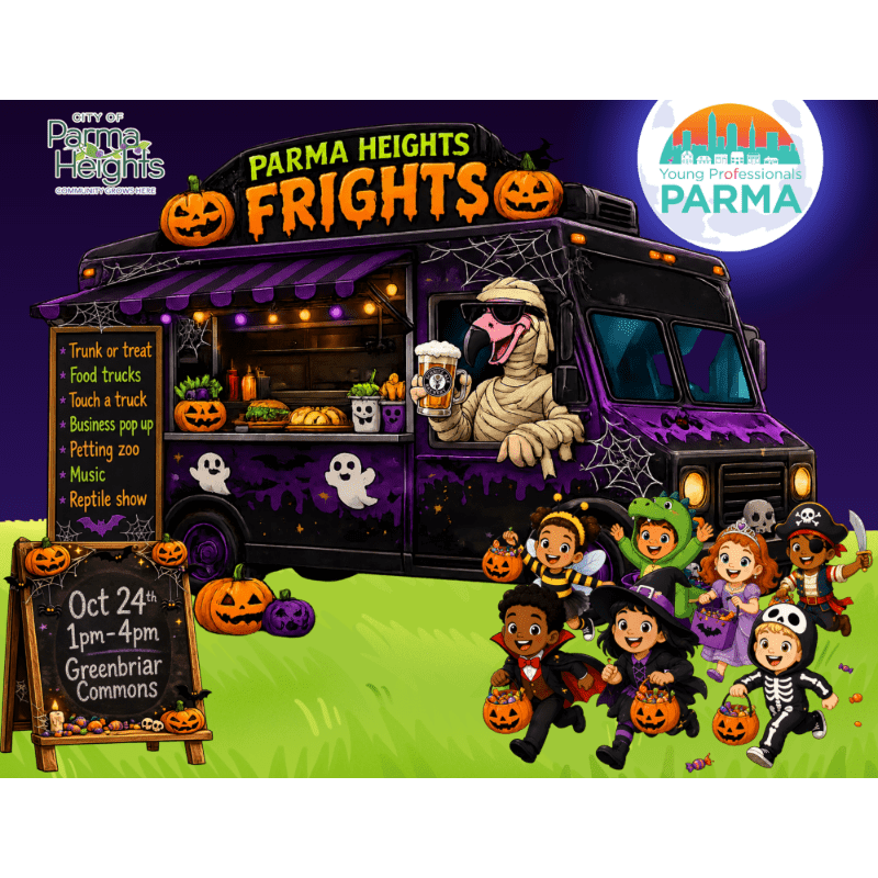 A spooky food truck with a mummy barista serves a group of costumed children trick-or-treating in front of a sign detailing the "Parma Heights Frights" event.