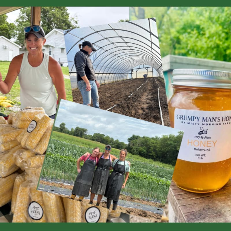 A woman smiles next to bags of corn in the foreground, while a greenhouse and three women in aprons stand in the background.
