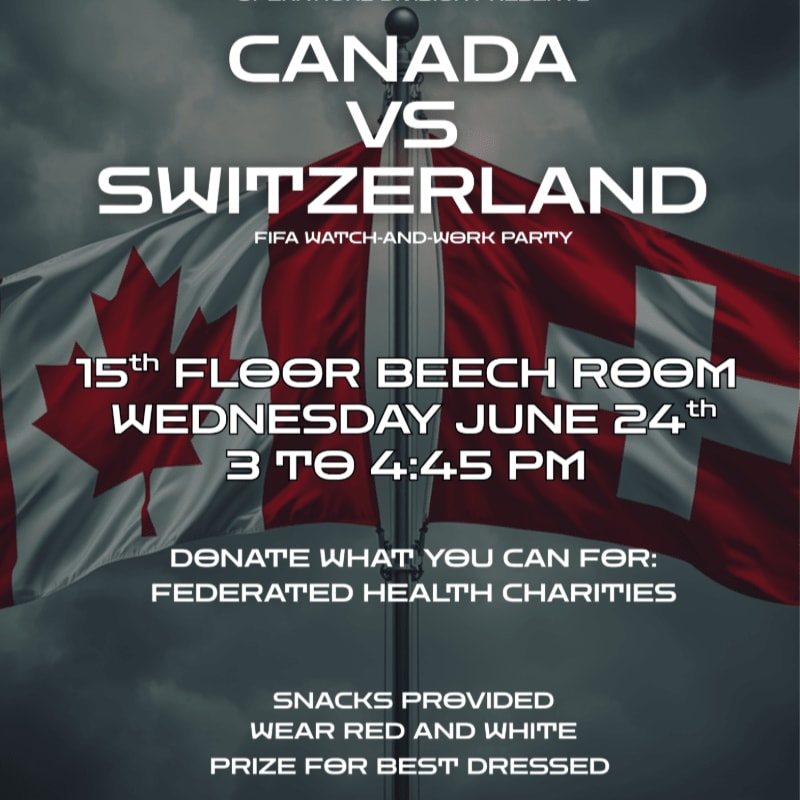 Canadian and Swiss flags wave in the foreground behind text announcing a FIFA watch party for Canada vs. Switzerland on Wednesday, June 24th, with details about the location, time, and charity.