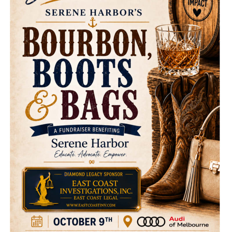 A pair of cowboy boots and a purse sit in the foreground next to a glass of bourbon on a wooden surface, with event details for "Bourbon, Boots & Bags" in the background.