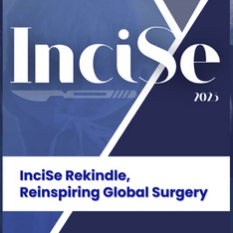 A white "InciSe" logo with a surgical scalpel silhouette is in the foreground against a dark blue background with a diagonal white stripe and the year "2023" in the upper right corner, while the bottom features a white banner with the text "InciSe Rekindle, Reinspiring Global Surgery".