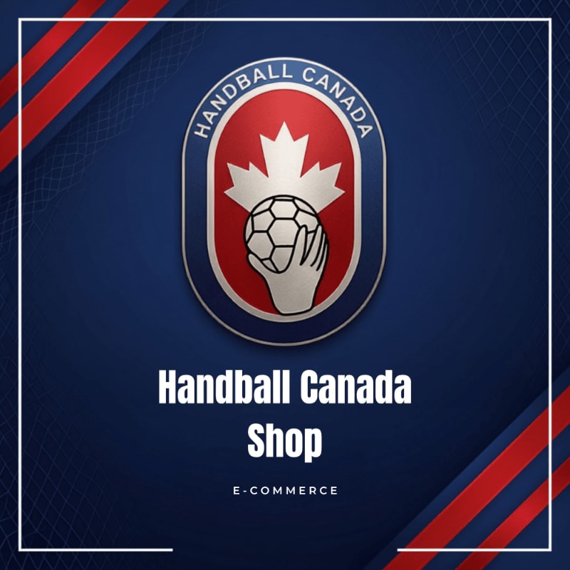 A Handball Canada logo featuring a hand holding a ball with a maple leaf is centered on a dark blue background with red and white diagonal stripes in the corners.
