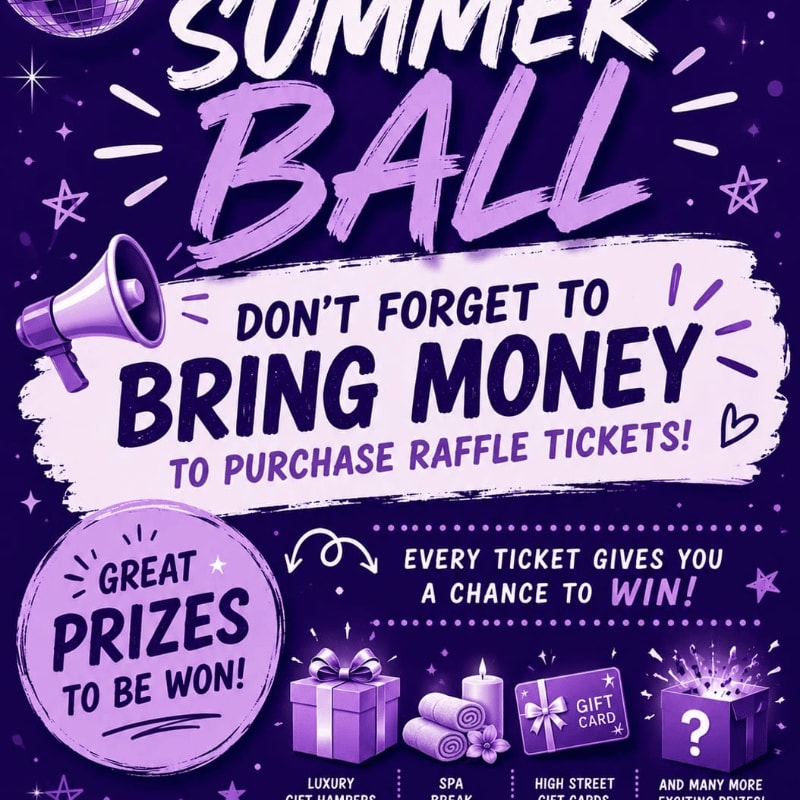 A purple poster for a "Summer Ball" advertises raffle tickets with prizes in the foreground and a disco ball and stars in the background.