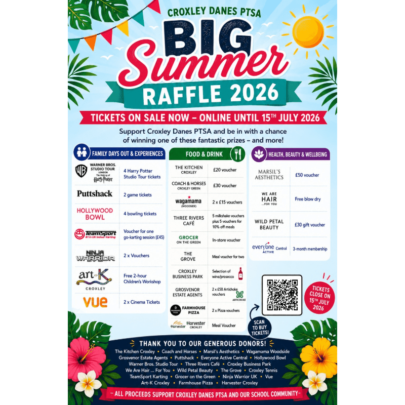 A vibrant poster for the Croxley Danes PTSA Big Summer Raffle 2026 features colorful tropical leaves and a sun in the background, with a detailed list of prizes and donor acknowledgments in the foreground.