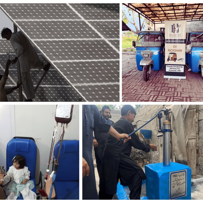 In the foreground, a child receives a blood transfusion, while in the background, solar panels are being installed, electric rickshaws are parked, and a water pump is being operated.