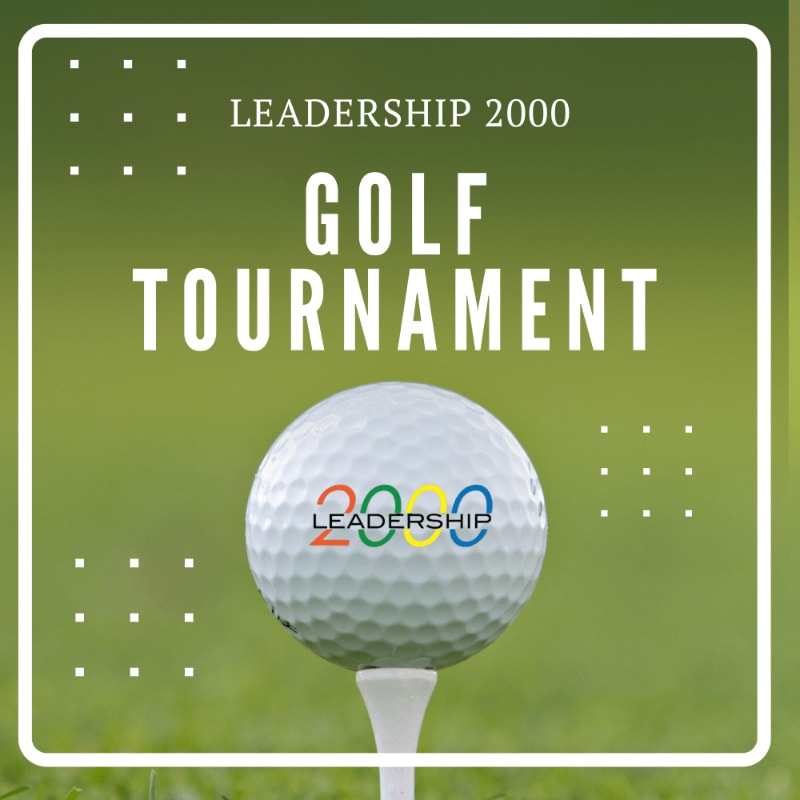 A golf ball with the "Leadership 2000" logo sits on a tee in the foreground, set against a blurred green background with white dots and text announcing a golf tournament.