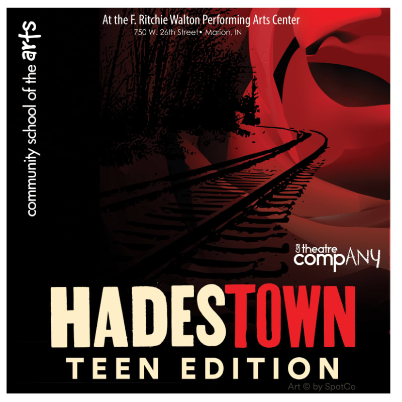 Train tracks lead into a dark, abstract background with red accents, while "HADESTOWN TEEN EDITION" is prominently displayed in the foreground.