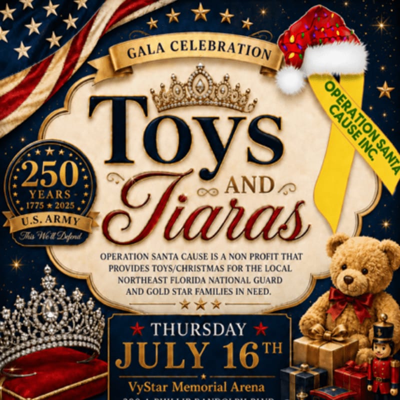 A teddy bear and nutcracker sit in the foreground, while the background features a patriotic theme with the U.S. flag and "Toys and Tiaras" text.